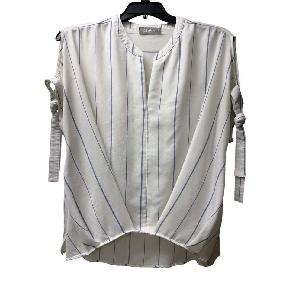 2Sable White Blue Stripe Tie Sleeve Blouse Size Large